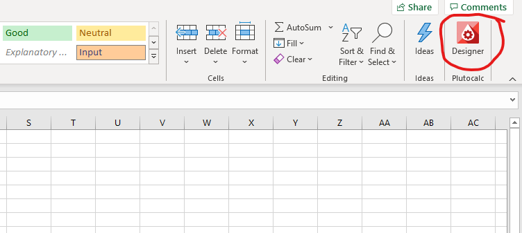 Plutocalc Add-In in the Excel Menu