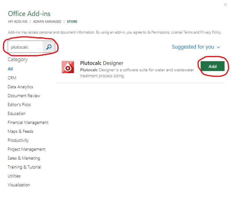 Plutocalc Designer in the Add-In Store